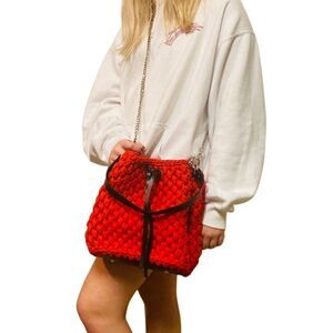 NEW Red Crochet Knit Cottagecore Braided Black Leather Hobo Bucket Crossbody